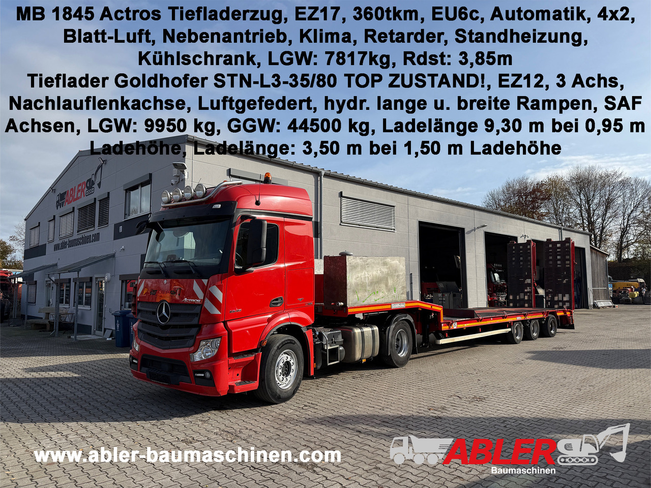 Mercedes-Benz 1845 Actros mit Goldhofer Tieflader - Tractor unit, Low loader semi-trailer: picture 1 Mercedes-Benz 1845 Actros mit Goldhofer Tieflader - Tractor unit, Low loader semi-trailer: picture 1