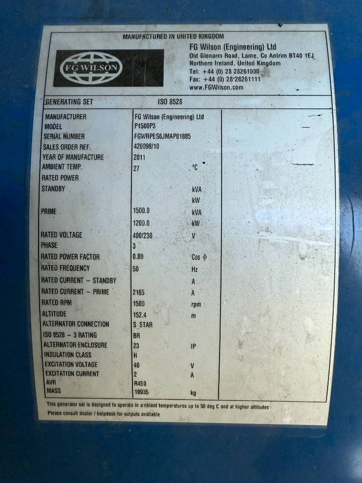FG Wilson P1500P3 - 1.650 kVA Generator - DPX-12628 - Generator set: picture 5 FG Wilson P1500P3 - 1.650 kVA Generator - DPX-12628 - Generator set: picture 5
