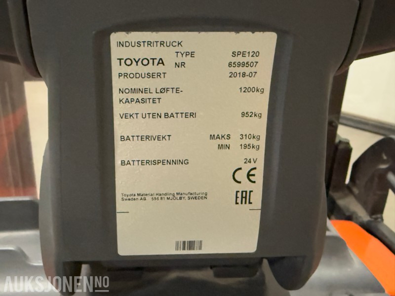 2018 Toyota - Pallestabler - SPE 120 1200 KG Pallestabler - Material handling equipment: picture 5 2018 Toyota - Pallestabler - SPE 120 1200 KG Pallestabler - Material handling equipment: picture 5