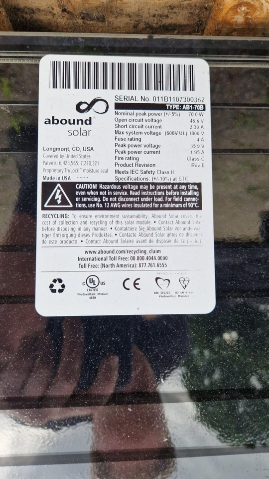 250x Abound Solar ab1-70b Zonnepanelen - Other machinery: picture 2 250x Abound Solar ab1-70b Zonnepanelen - Other machinery: picture 2