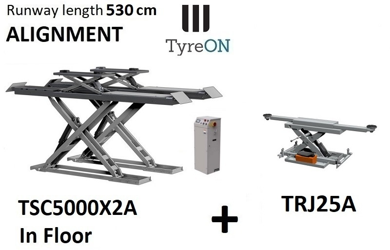 TSC5000X2A in floor alignment scissor lift 5000kg 5300mm + TRJ25A 2,5T air hydraulic axle jack - Workshop equipment: picture 1 TSC5000X2A in floor alignment scissor lift 5000kg 5300mm + TRJ25A 2,5T air hydraulic axle jack - Workshop equipment: picture 1