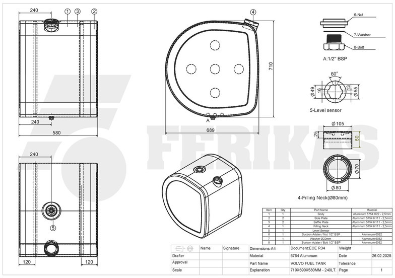 New Fuel tank for Truck Volvo New aluminum fuel tank 240L: picture 8