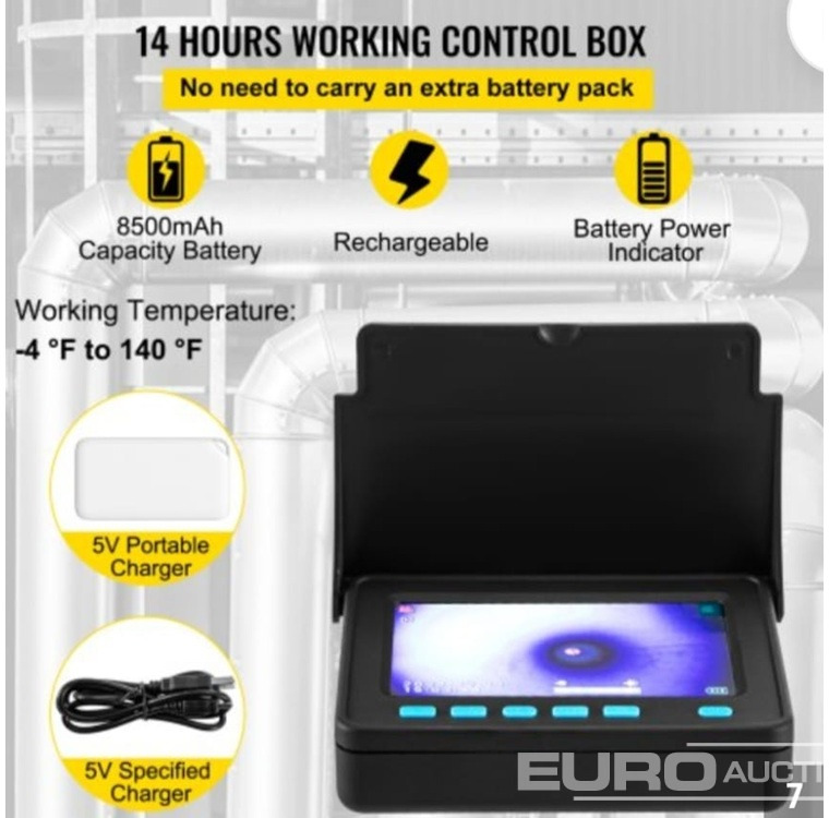 Construction equipment Unused PIPECAM Pipe Camera, 50 Meter Reach, HD Monitor, Waterproof IP68, 6x LED, Akku, Fast Charger: picture 11