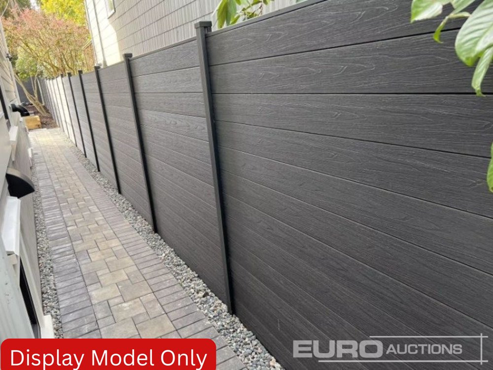 1.8m Wide Teak Composite Fence Panels (25 of), 2.45m Black Aluminium Posts (26 of) Complete With Assembly Kit - Workshop equipment: picture 1 1.8m Wide Teak Composite Fence Panels (25 of), 2.45m Black Aluminium Posts (26 of) Complete With Assembly Kit - Workshop equipment: picture 1